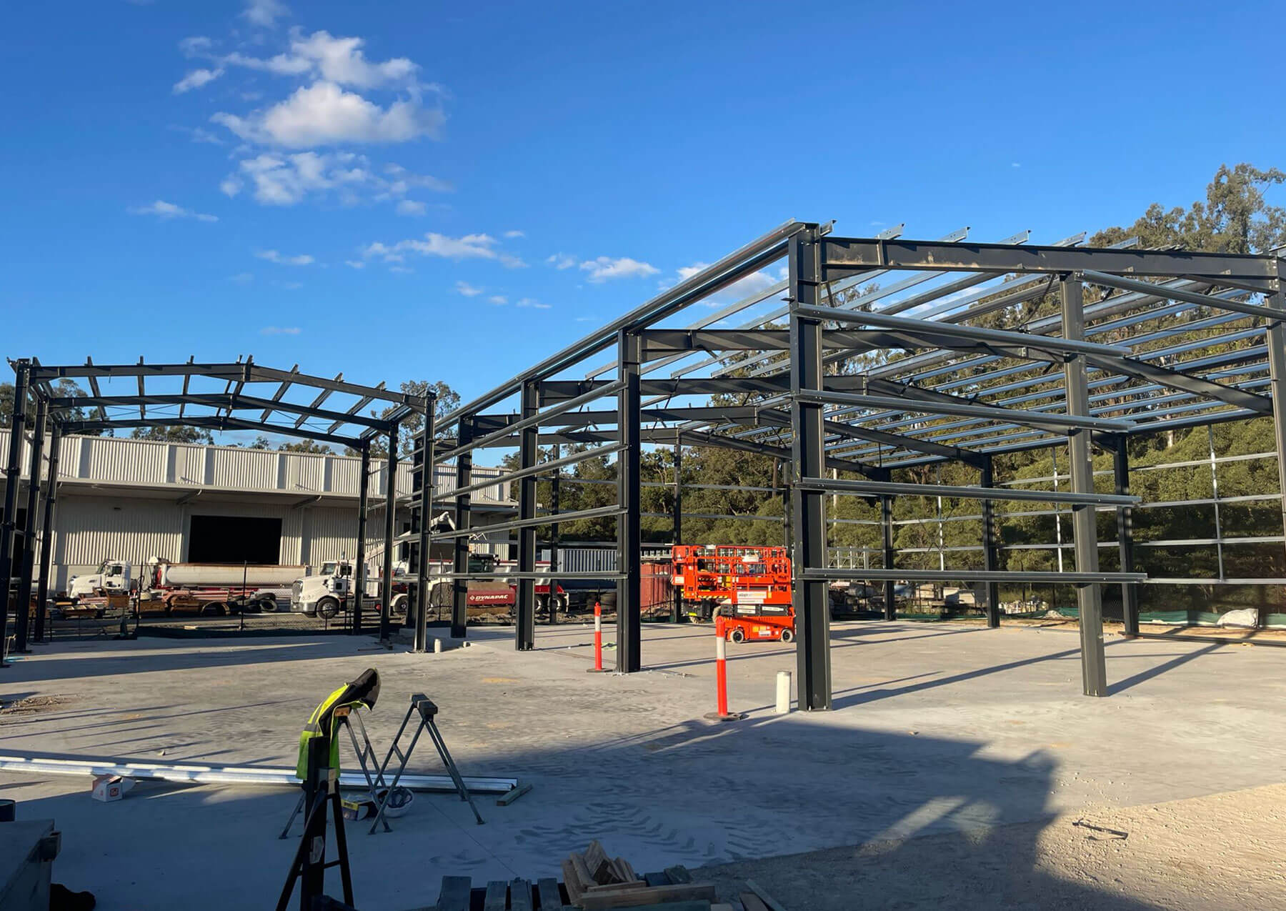 Structural steel shed frame under construction